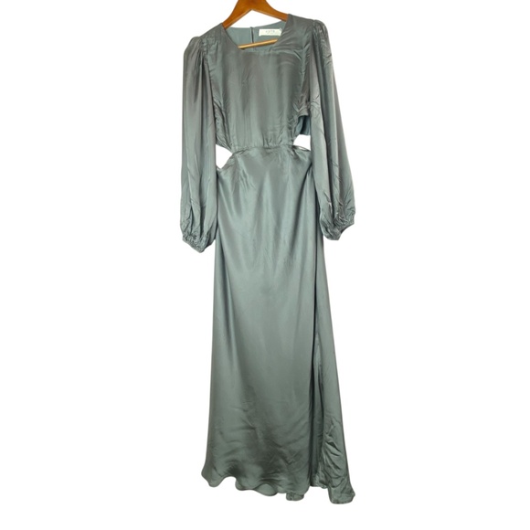 ASTR The Label Quinn MaxiDress Sage Gray Long Sleeve Satin Gown Medium - Picture 2 of 7